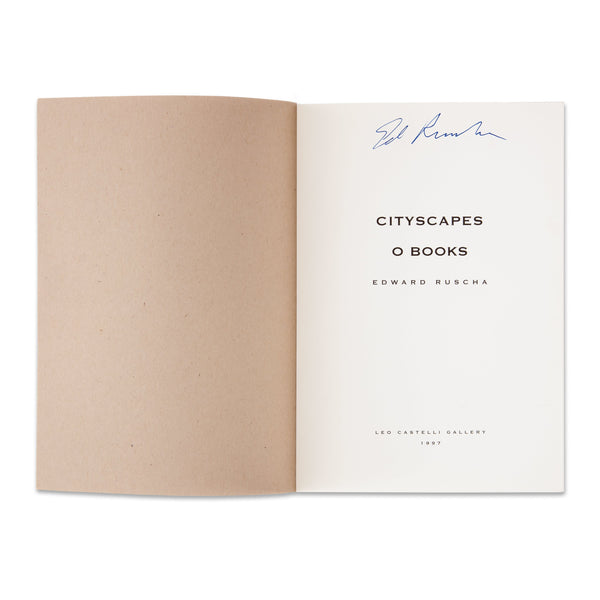 Interior spread of of rare book Edward Ruscha: Cityscapes / O Books with artist's signature