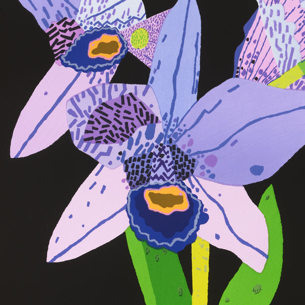 Detail of a screen print featuring a graphic purple orchid