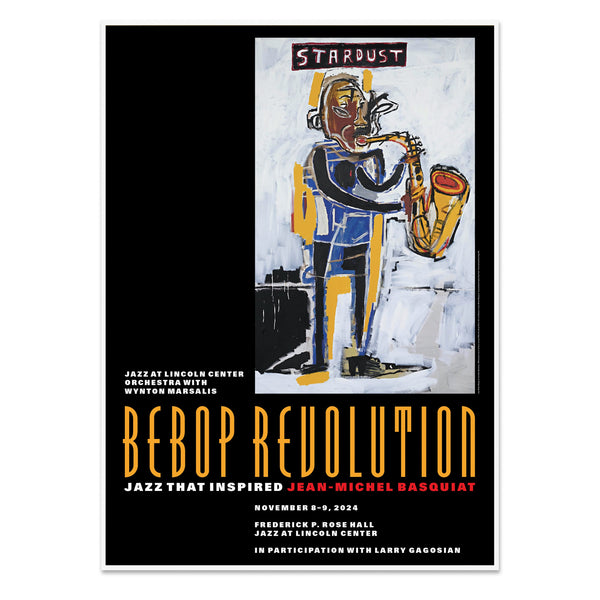 Bebop Revolution: Jazz That Inspired Jean-Michel Basquiat poster with white wood frame