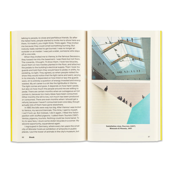 Interior spread of Stuck: Maurizio Cattelan—The Unauthorized Autobiography book