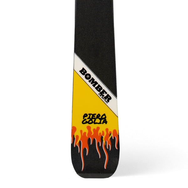 Base detail of Piero Golia × Bomber: All Mountain 78 Fireflyer Black Heat Skis