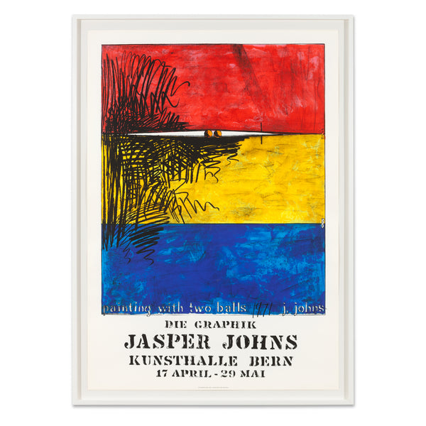 Framed Jasper Johns: Die Graphik vintage poster, featuring Painting with Two Balls (1971)