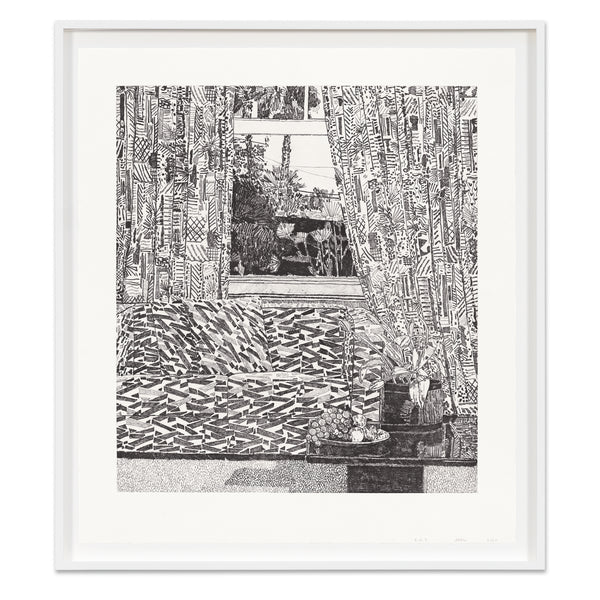 Jonas Wood: Pattern Couch Interior with Mar Vista View print in frame